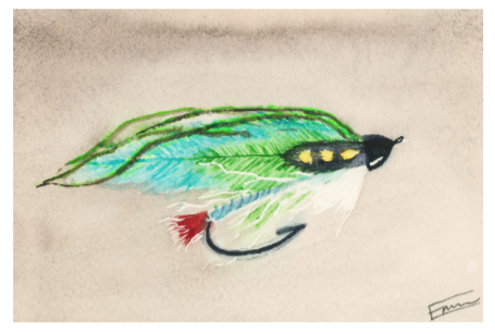 Colorful fishing lure with green and blue body on a beige background