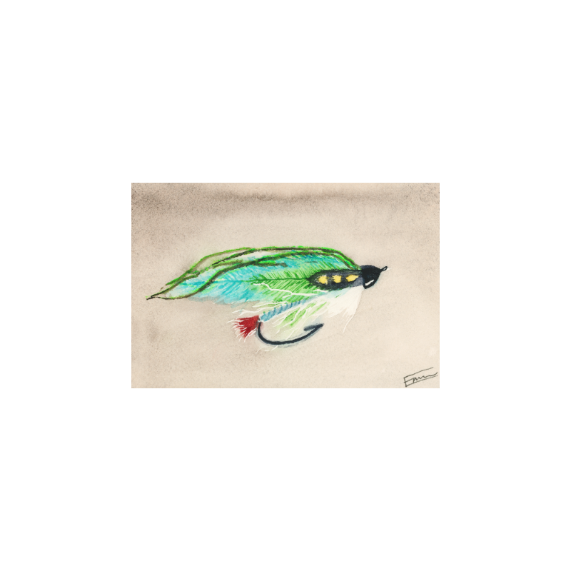 green and blue feathered streamer fly for trout fishing watercolor artwork