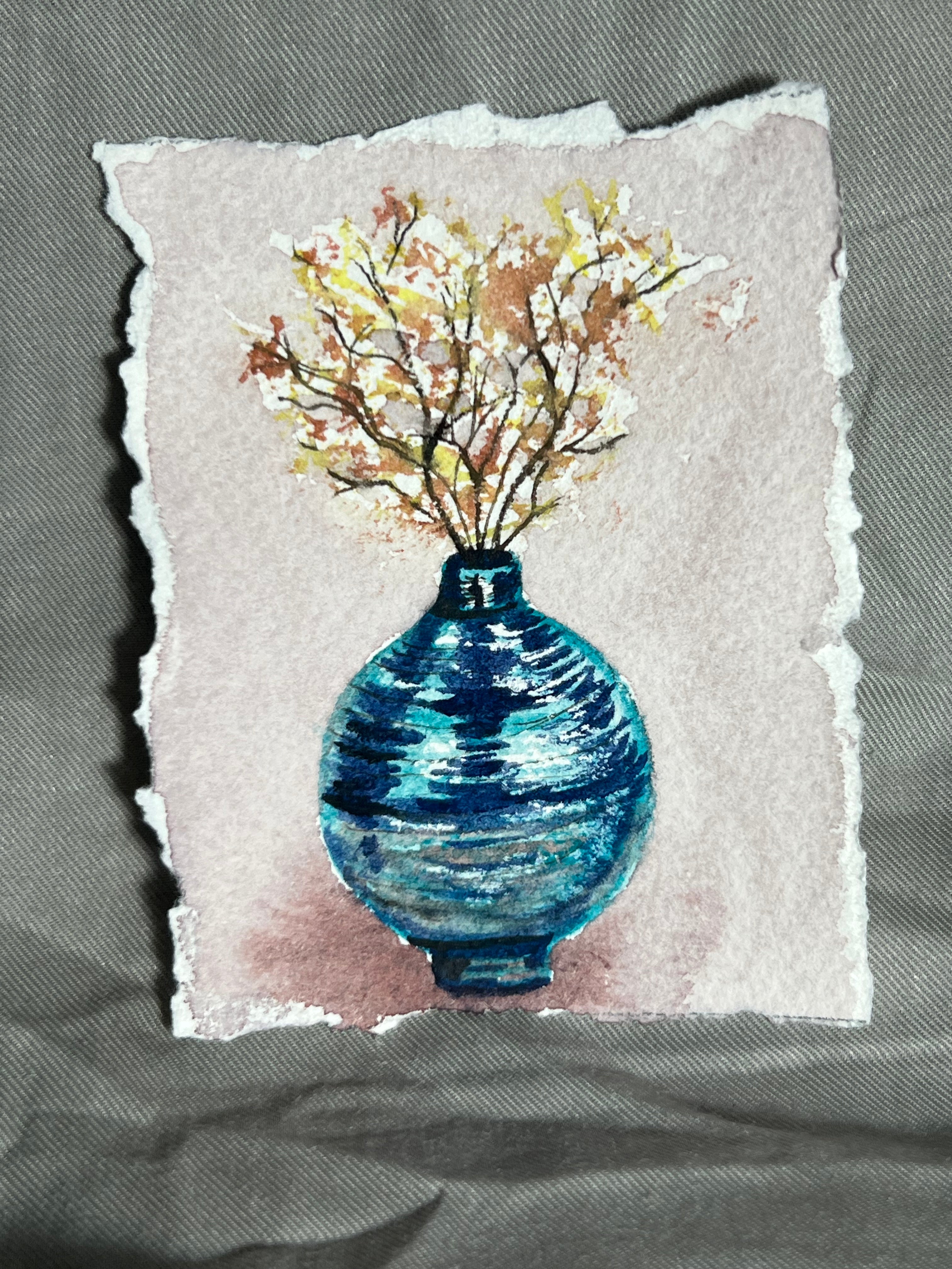 Floral Bouquet in Blue Metallic Vase – Original Watercolor (Miniature)